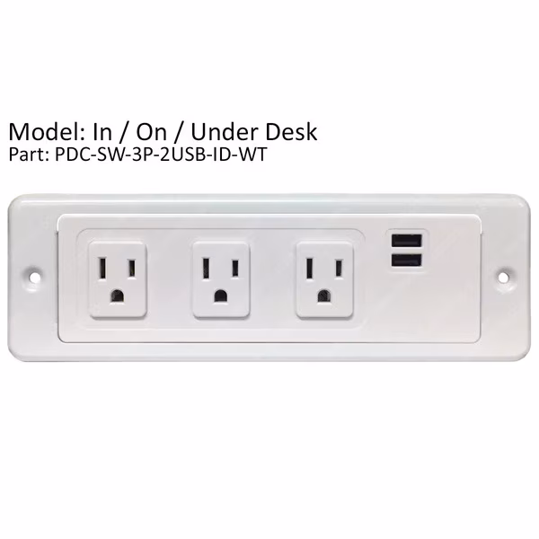 Universal Desk Power Centers - AC Power, USB & DATA, Electriduct, Mfr#: PDC-SW-3P-2USB-ID-WT